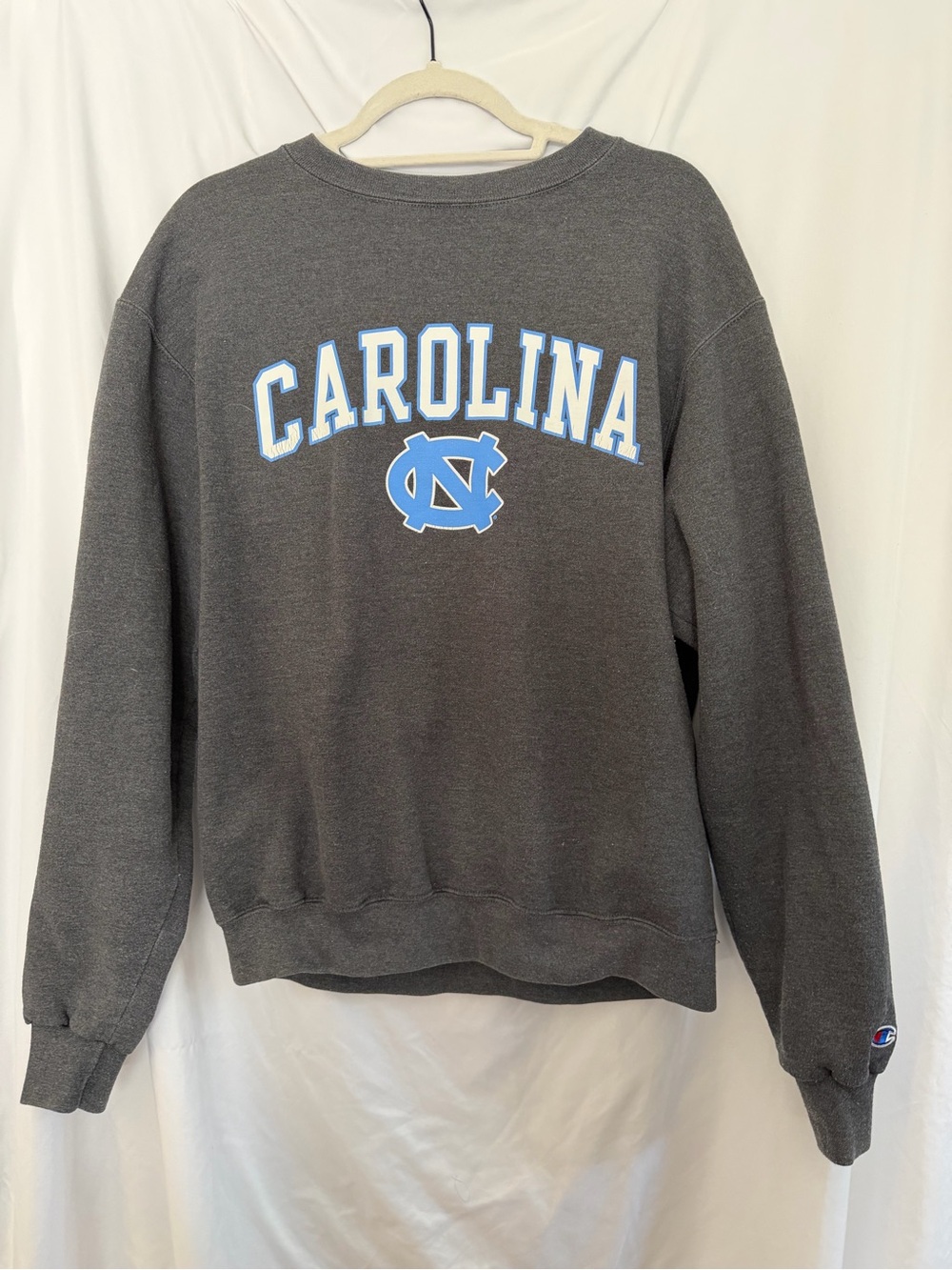 Champion Gray Crewneck Sweatshirt with Carolina Blue Logo